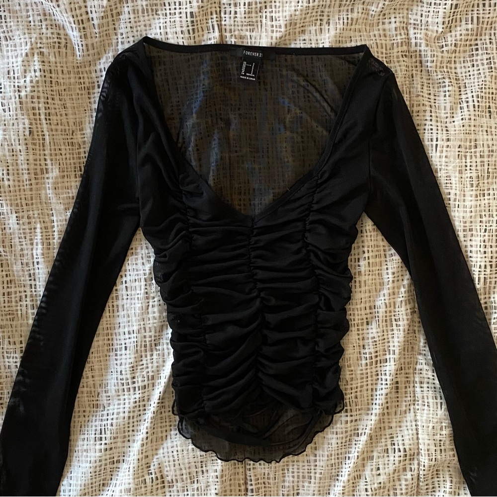 black mesh long sleeve v neck top